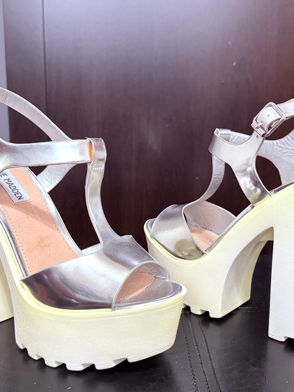 Steve Madden Metallic Silver T-Strap Platform Heels with White-Cream Soles
